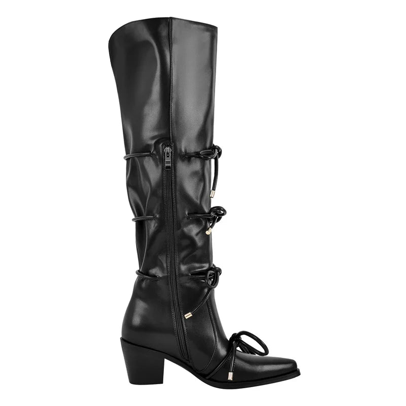 Onlymaker Women Black Matte Bow Strap Chunky Heel Knee High Boots  Big Size Comfy Women Cowboy Boots