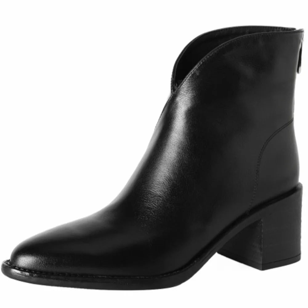 Women Handmade Genuine Leather Pointed Toe Chunky Heel Shoes Casual Zip Ankle Boots Western Boots 34-40