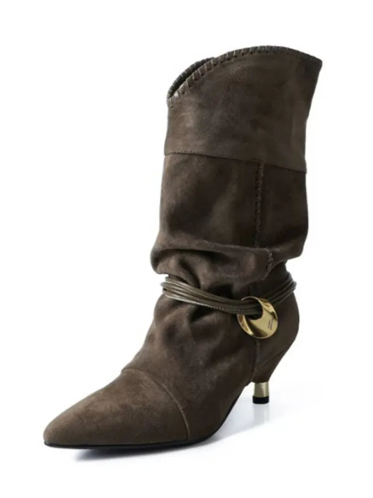 Women's Autumn and Winter New 5cm Slim Heel Fringed Calf Boots with Pointed Pleats, Women's Knight Boots, Mid Leg Boots