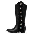 Onlymaker Women Pointed Toe Fringe  Knee High Boots Comfy Side Zipper Mid Calf Chunky Heel Embroidered Western Boots