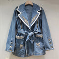 2026  Jeans Jacket Fashion Style Rhinestone Zipper Denim Jacket For Women Turn-down Collar With Belt Waist Versatile Coat Female 11A08647