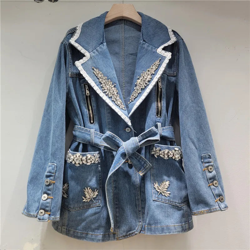 2026  Jeans Jacket Fashion Style Rhinestone Zipper Denim Jacket For Women Turn-down Collar With Belt Waist Versatile Coat Female 11A08647