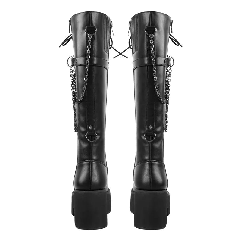 Onlymaker Platform Women Punk Booties Black PU Lace Up Mid Calf Chunky High Heels  Side Zip Big Size Motorcycle Boots
