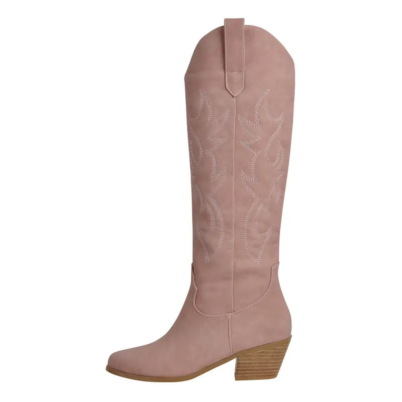 Onlymaker Women White Knee High Boots Western Cowboy Boots Wide Calf Embroidered Pointed Toe Block Heel Pull-On Cowgirl Booties