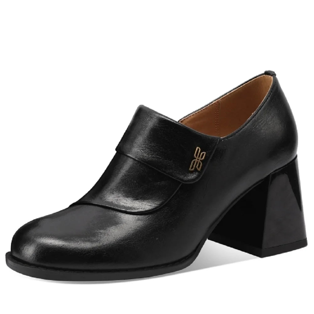 New Spring/autumn Genuine Leather Round Toe Shoes for Women Loafers High Heels Handmade Pumps 33-43