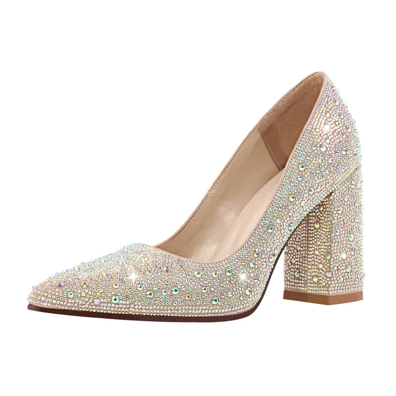 Women Rhinestone Pointed Toe Chunky Heel Pumps Slip On Thick Heel Wedding Office Dress Big Size Lady Shoes