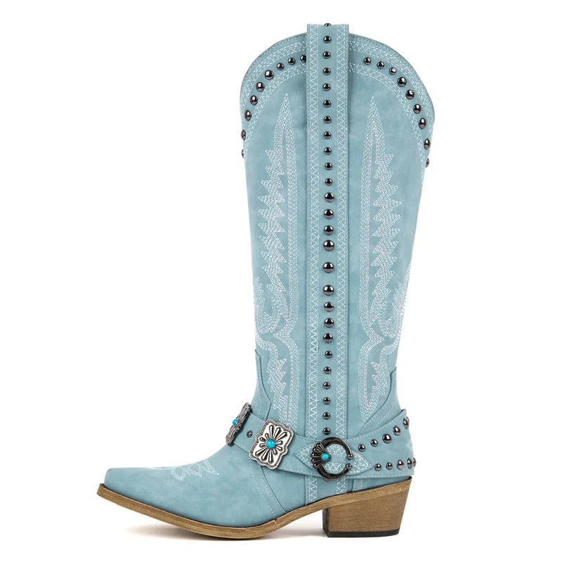 Onlymaker Women White Floral Western Embroidery Cowgirl Boots Pointed Toe Side Zipper Knee High with Chunky Heel  Boots