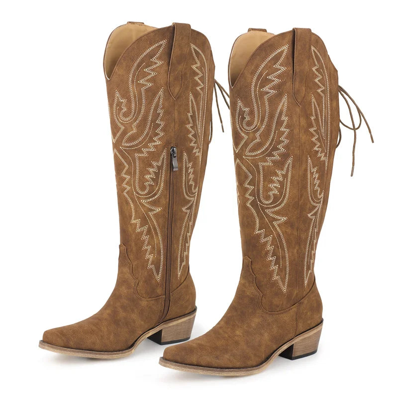 Onlymaker Women Pointed Toe Side Zipper Embroidered Western Cowboy Boots Block Heel Cowgirl Booties