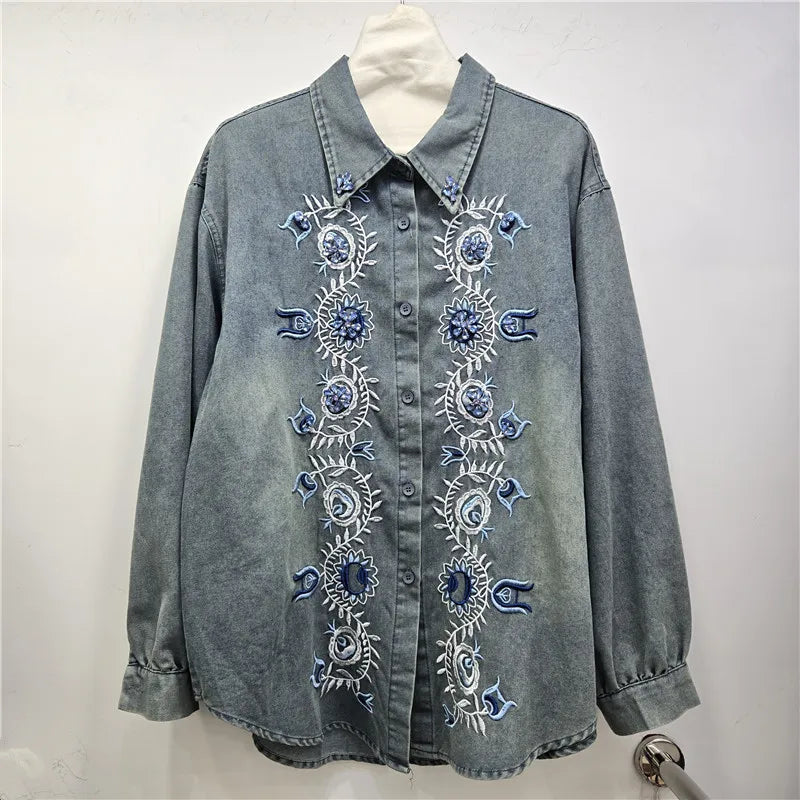 2026 Spring Fashion New Beading Embroidery Denim Shirt For Women Long Sleeve Loose Casual Blouse Female Trendy 11A08739