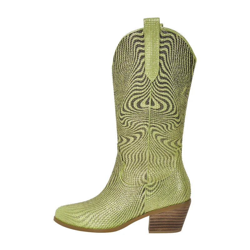 Women Rhinestone Handmade Mid-calf Western Boots