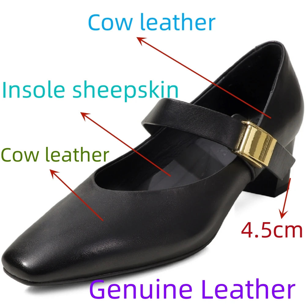 Handmade High Quality Genuine Leather Soft and comfortable Square Head Shallow Mouth Mid Heels Mary Janes Shoes