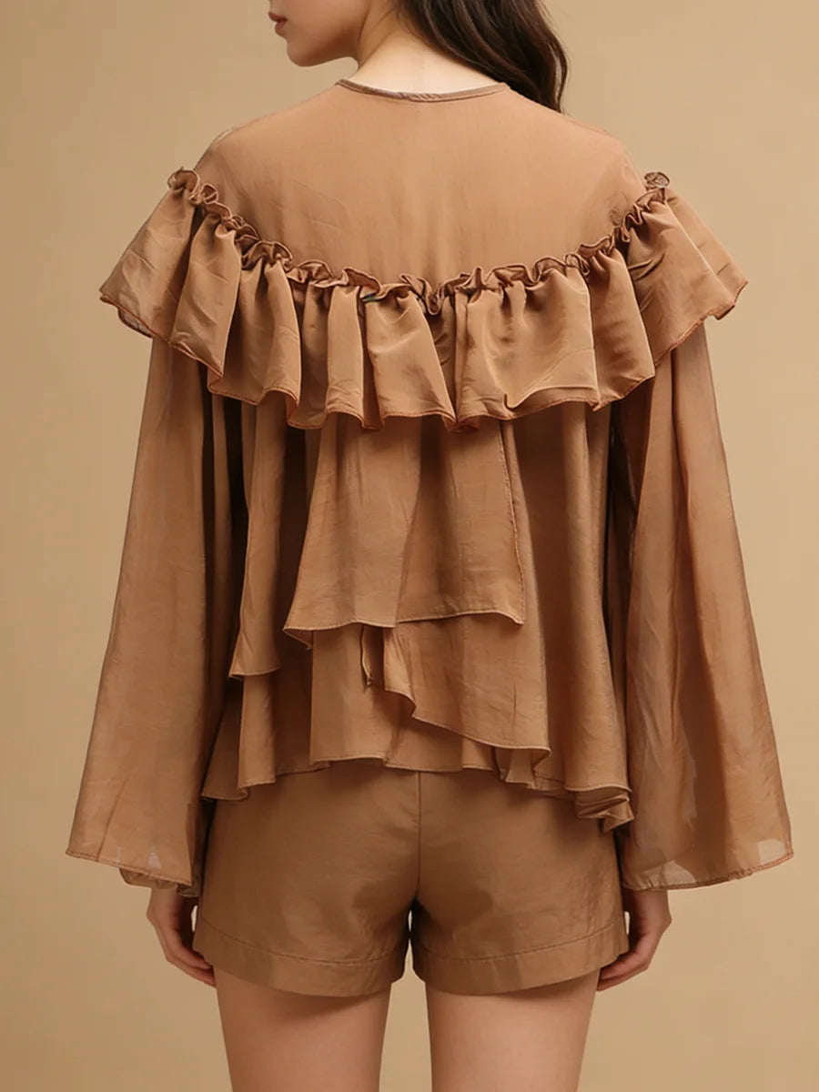 Gentle Fairy Style Loose Coffee Chiffon Blouse for Women Tiered Ruffle Accent Long Sleeve Pullover Design for Afternoon Tea