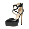 Women Pointed Toe Black Patent Leather Platform   Thin High Heels Criss Cross Buckle Strap Sandals Big Size