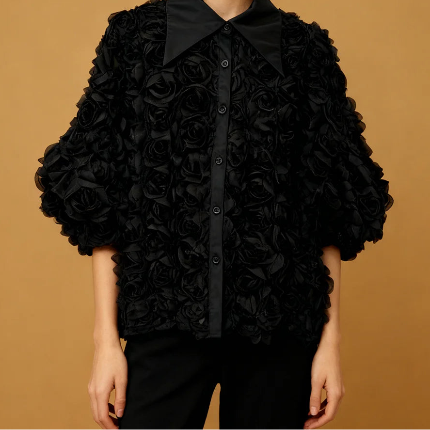 Elegant High End Style Shirts for Women Lapel Half Sleeve Patchwork Petal Stylish Temperament Black Shirt Female Spring New