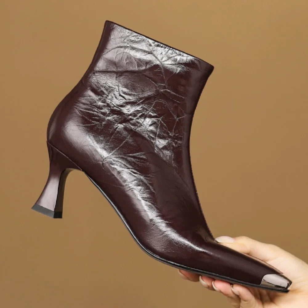 New Women Ankle Boots Winter Genuine Leather Autumn Shoes High Heels Pointed Toe Dress Lady Short Boots