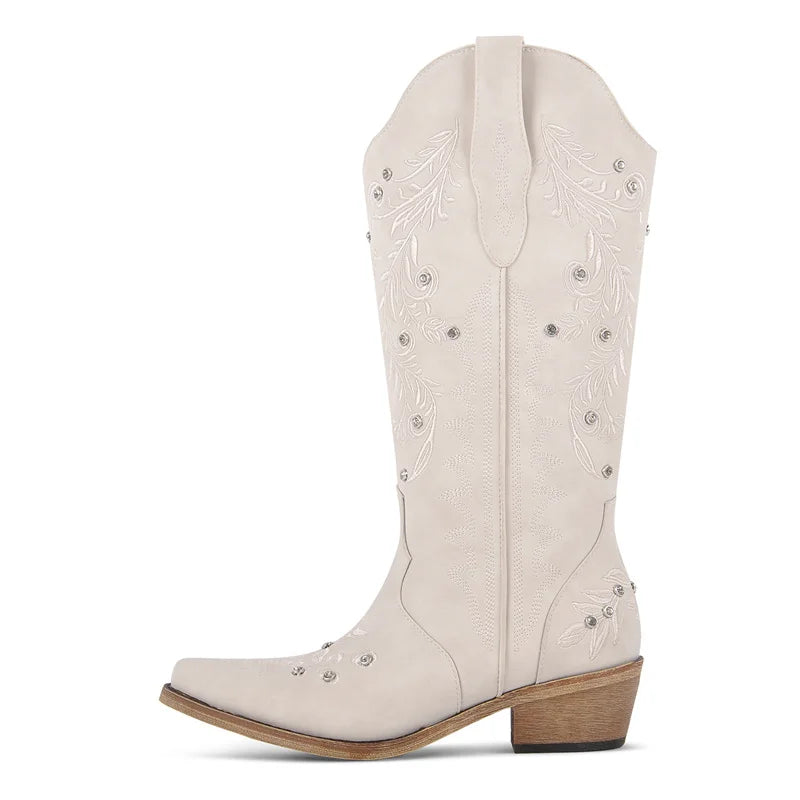 Onlymaker Women Pointed Toe Pull On Western Cowgirl Boots Fringed Chunky Heel Embroidery Cowboy Boots