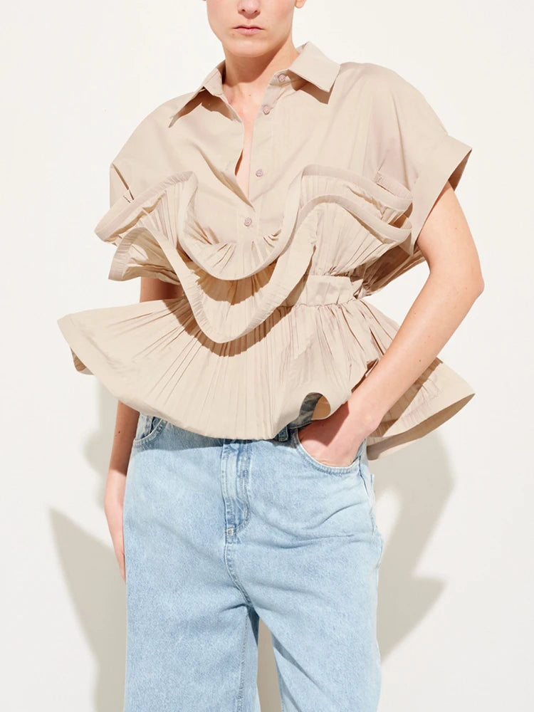 Solid Patchwork Folds Casual Shirts For Women Lapel Short Sleeve Spliced Single Breasted Minimalist Blouses Female Fashion