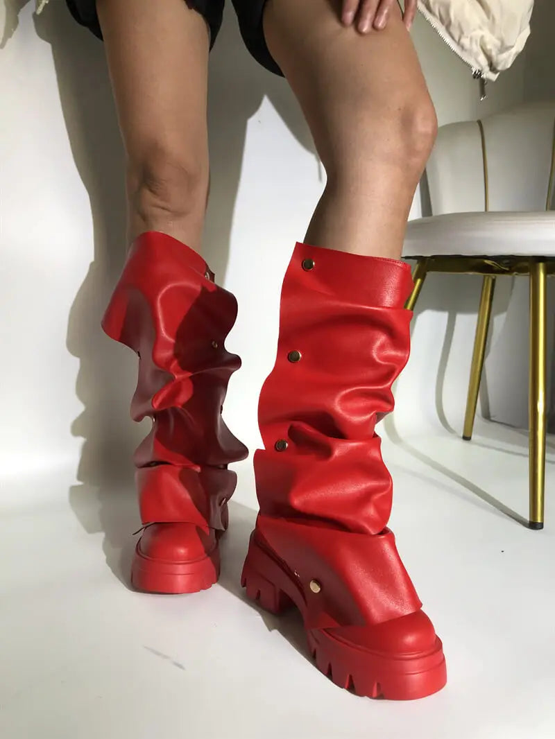 Onlymaker Women Platform Red Fold Over Boots Block Heel Round Toe Western Pull on Fashion Mid-Calf Female Boots