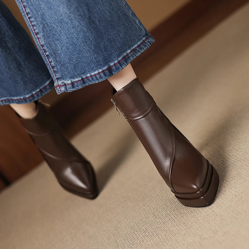 Handmade Genuine Leather Women New High Quality Short Ankle Boots Pointed Zipper Thick High Heels Boots 34-40