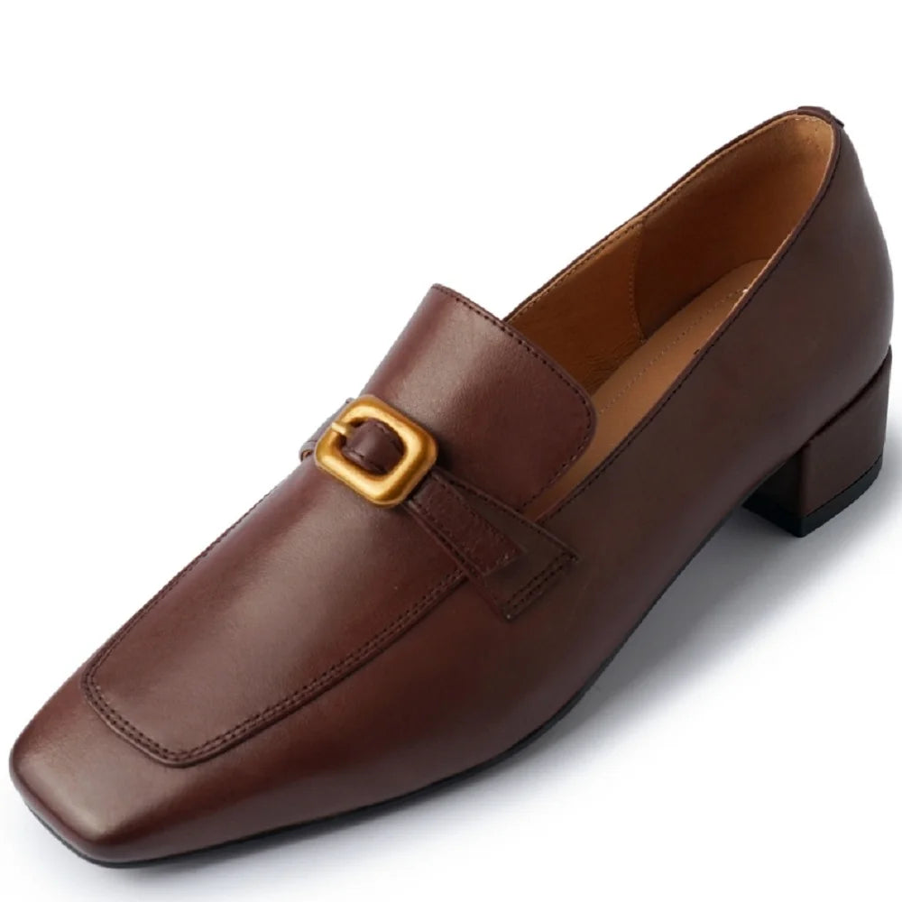 Women Cow Leather Waxing Square Toe Metal Buckle Strap Mid Hells Business Suit Ladies Shoes Handmade 34-40