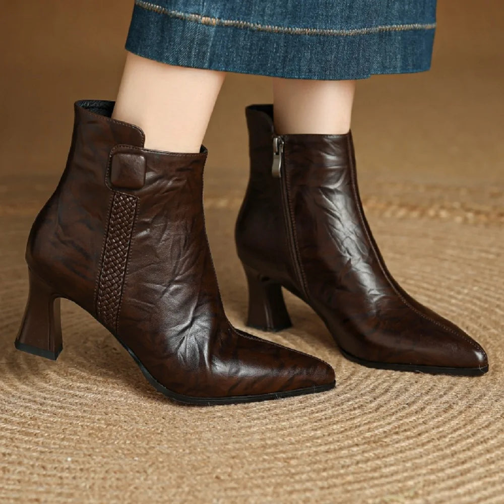 Handmade Genuine Leather Sexy Soft and comfortable Ankle Boots Women Retro Pointed Toe Chunky Short Boot