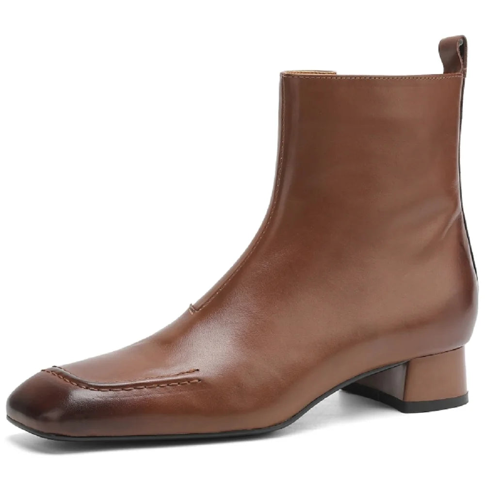 Women's Handmade Genuine leather square toe zip Soft comfortable ankle boots elegant ladies med heel dress 34-40