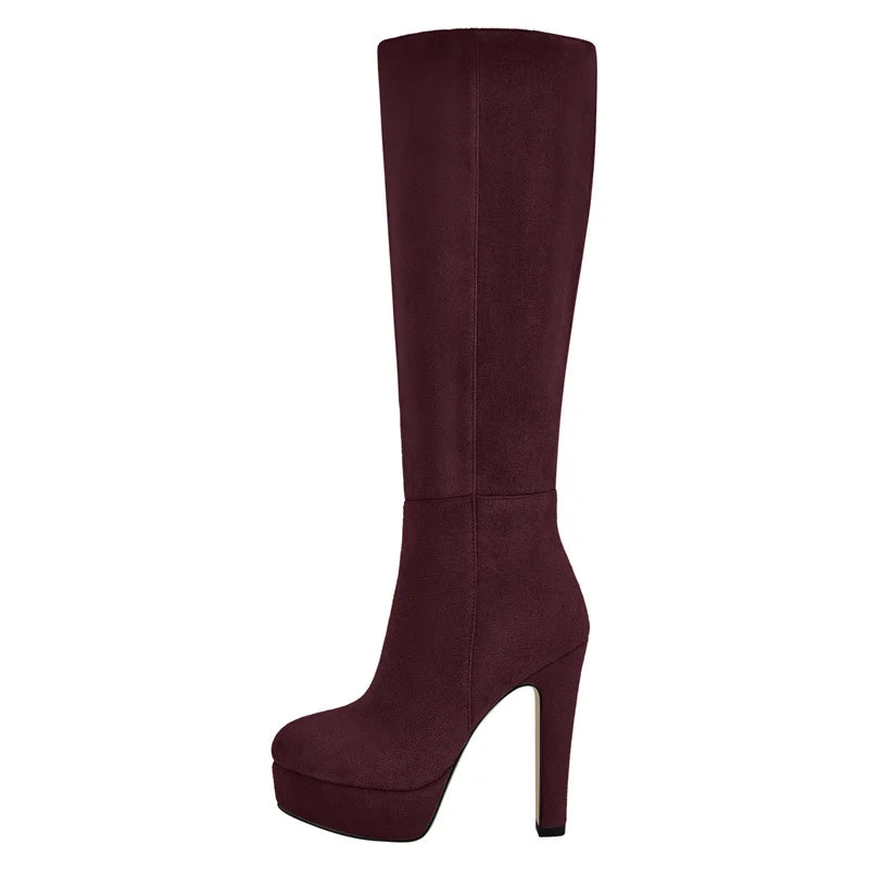 Onlymaker Women Round Toe Wide Calf Platform Knee High Boots Chunky Heel With Side Zipper Concise Tall Modern Boots