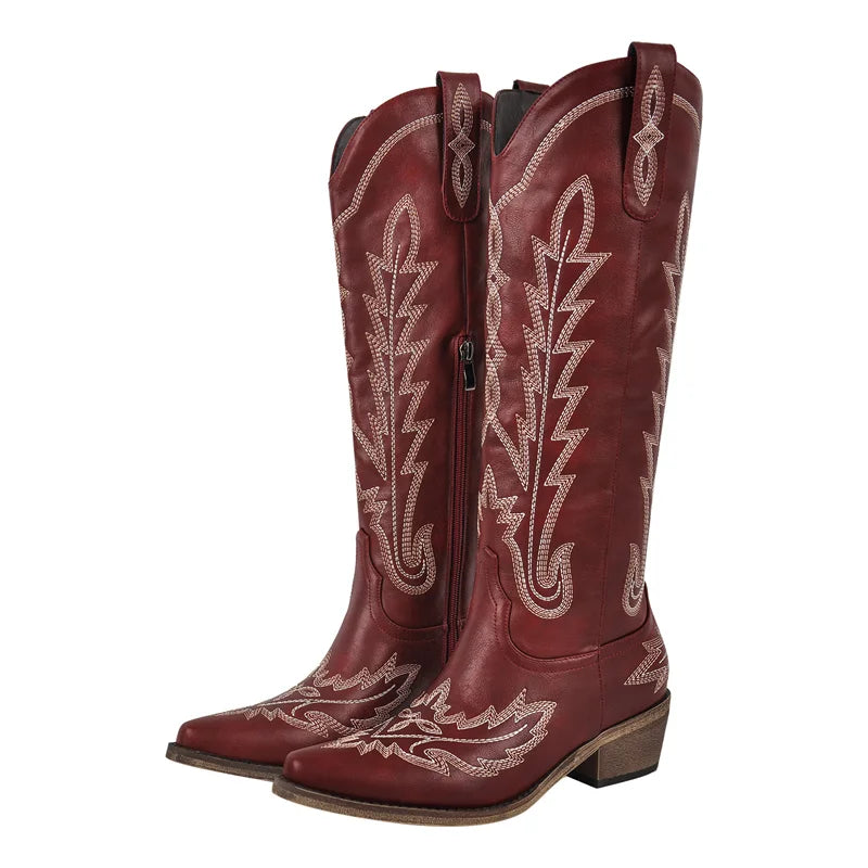 Onlymaker Women Pointed Toe Side Zipper Embroidered Western Cowboy Boots Block Heel Vintage Fashion Tall Cowgirl Boots