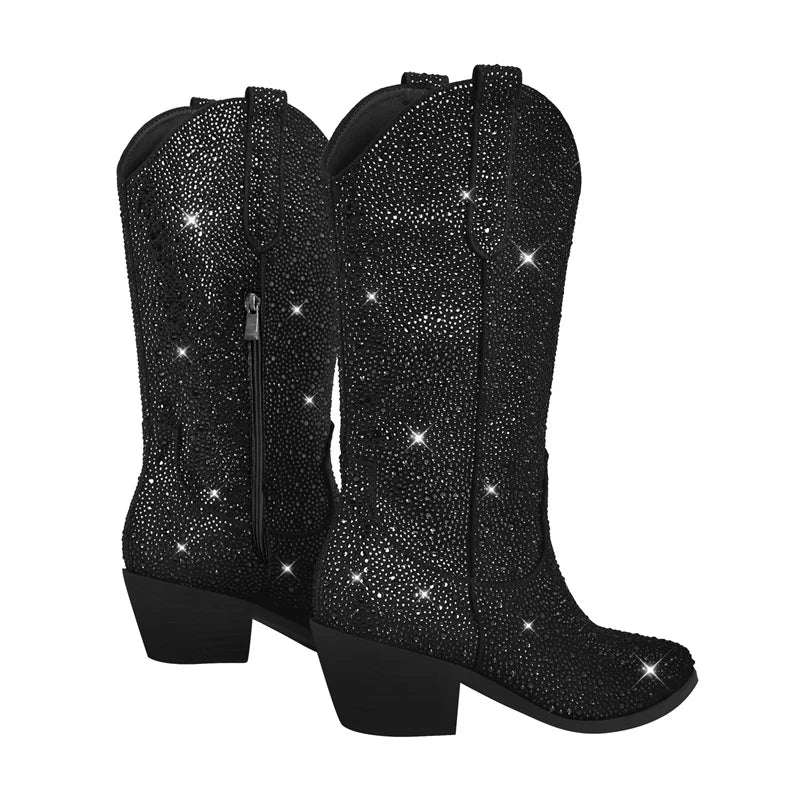 Women Knee High Boots Rhinestone Booties Glitter Bling Western Pointed Toe Block Heel Pull-On Cowgirl Booties