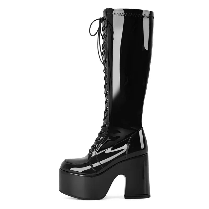 Onlymaker Women Black Round Toe Platform Knee High Boots Side Zipper Fashion Chunky Heel Mid-Calf Boot Punk Boots