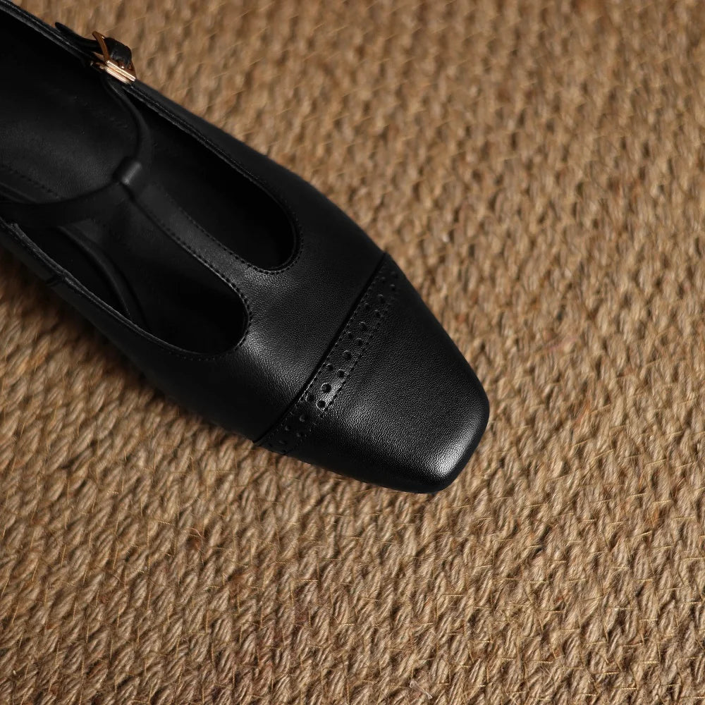 women's Handmade Genuine leather metal buckle slip-on Mary Jane pumps 4cm thick med heel elegant shoes 34-41