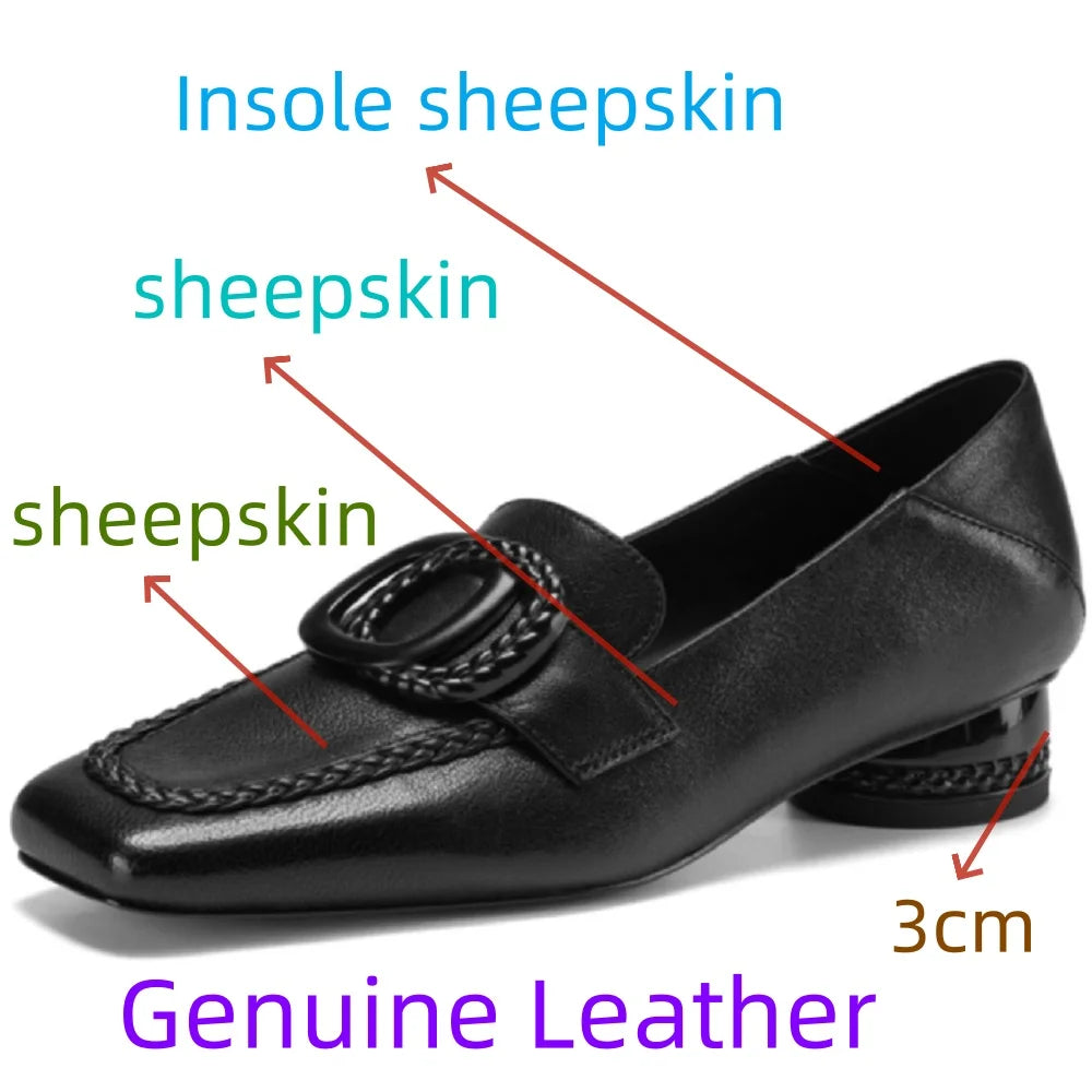 Women Handmade Genuine Leather Retro Slip On Med Heels Shoes Elegant Chunky Heels Single Shoes 34-40