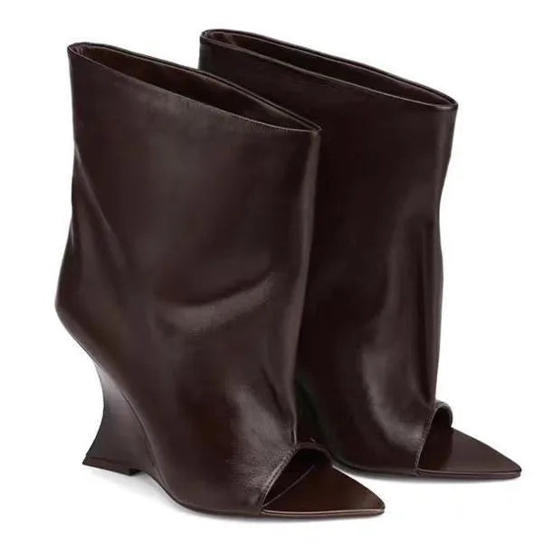 2026 SoleLadies' Spring/Summer New Fish Mouth Slope High Heel Short Boots with Pointed Toe Exposed Cool Boots, Mid Top Boots