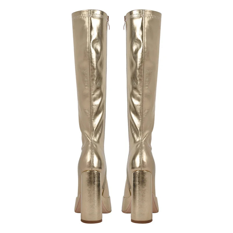Onlymaker Women Platform Square Toe Side Zipper Knee High Boots Big Size Winter Lady Gold Punk Boots