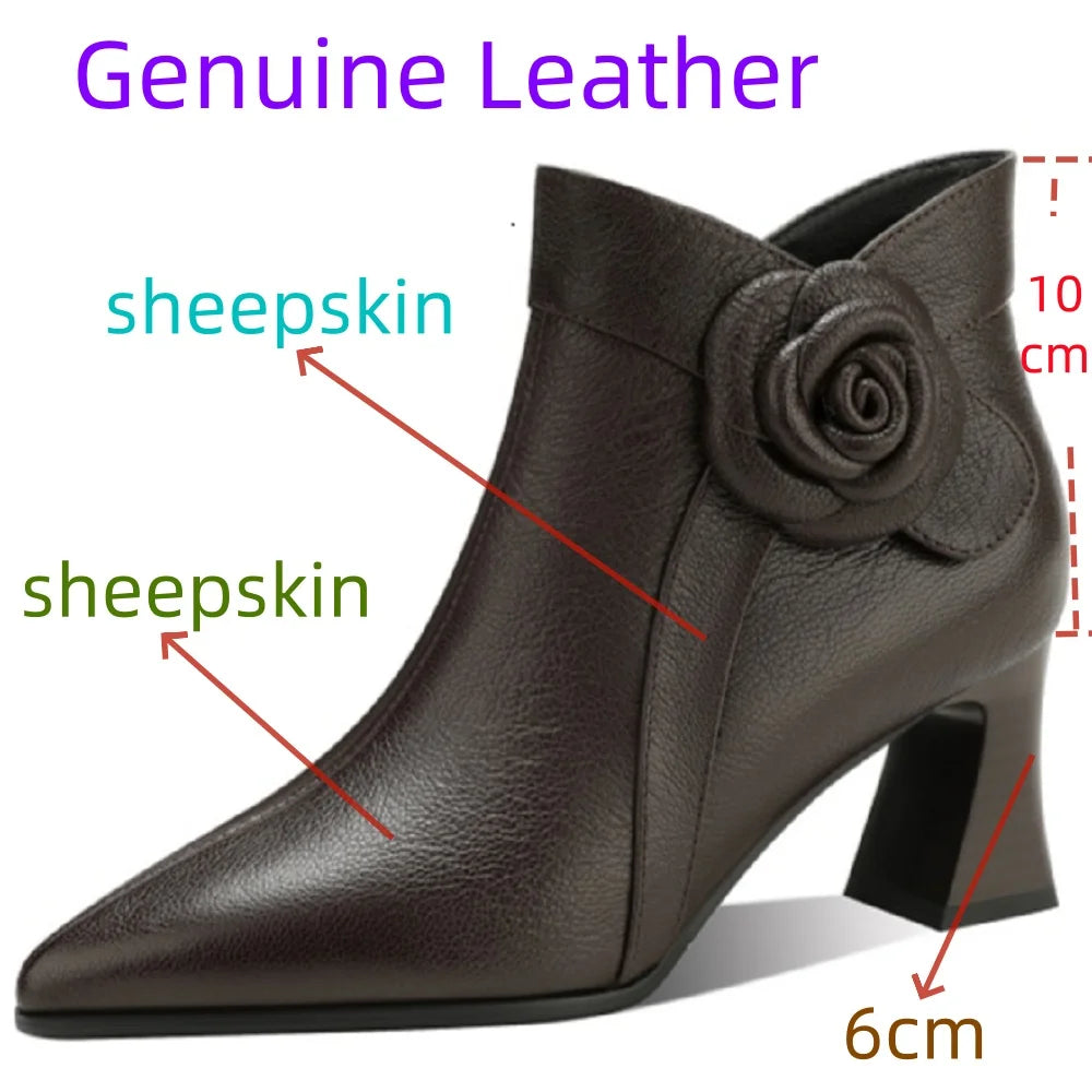 New Autumn Winter Handmade Genuine Leather Soft and comfortable Boots Pointed Toe Flower High Heel Short 33-41