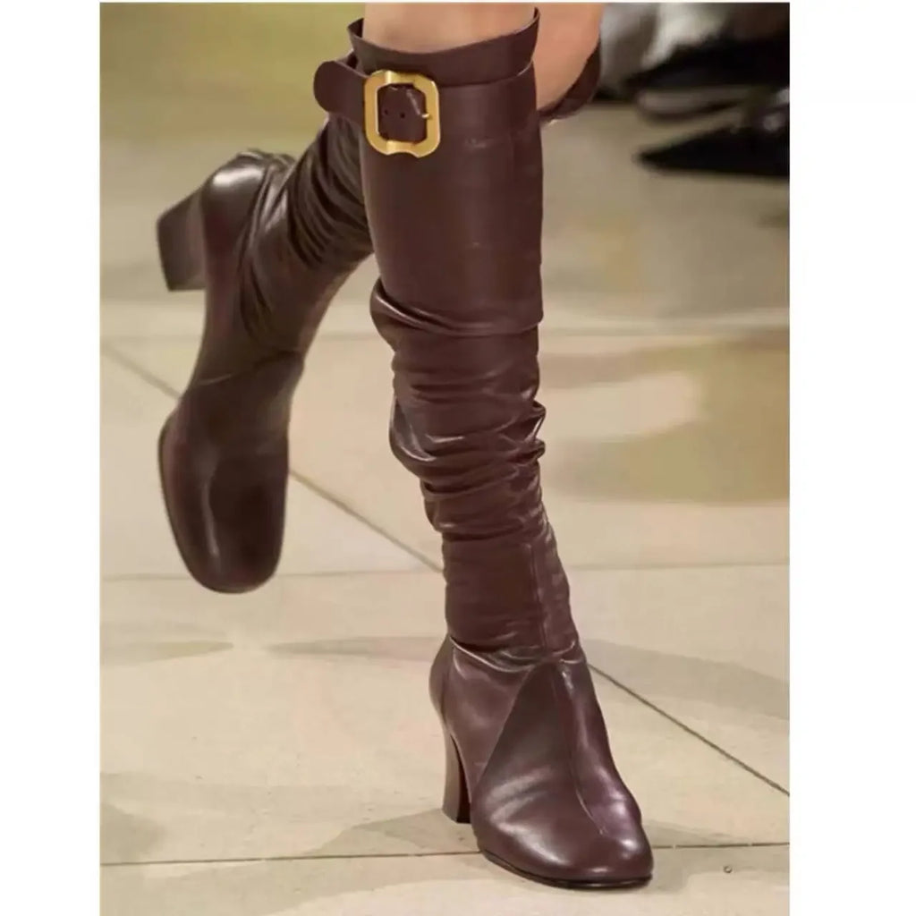 Women's New Thick High Heels Knee High Boots Autumn and Winter Round Toe Buckle Fashionable Mid Heel Boots Women's Short Boots