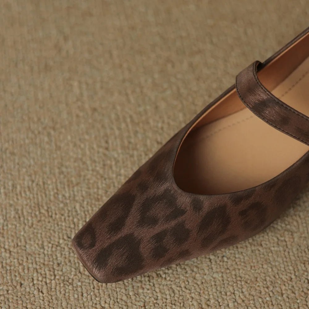 new women's leopard Handmade sheepskin 4cm thick med heel elegant ladies OL style daily dress heeled shoes 34-40