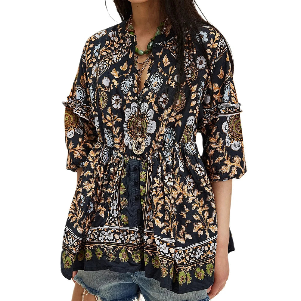 Women Y2K Boho Floral Puff Sleeve Peplum Tunic Blouse Vintage Front Tie Up Button Shirt Flower Ruffle Trim Loose Fit Dressy  Top