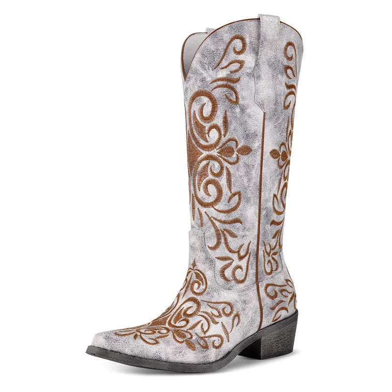 Western Cowboy Boots Toe  Embroidered  Block Heel Fashion Side Zipper Cowgirl Boots