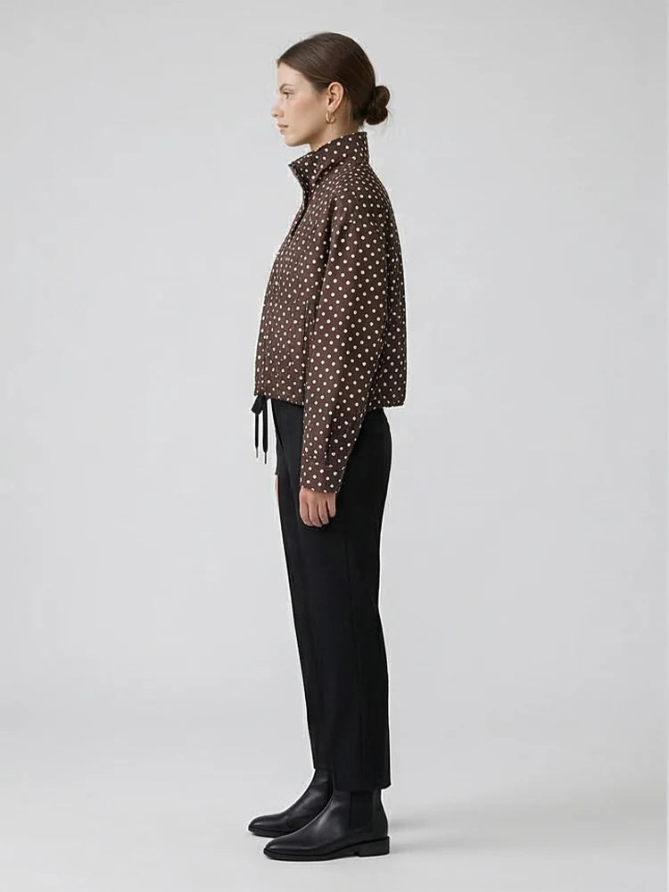 Women's Dot Jackets Fashion Lace Up Front Zipper Casual High Neck Long Sleeves Female Elegant Chic Lady Outfits