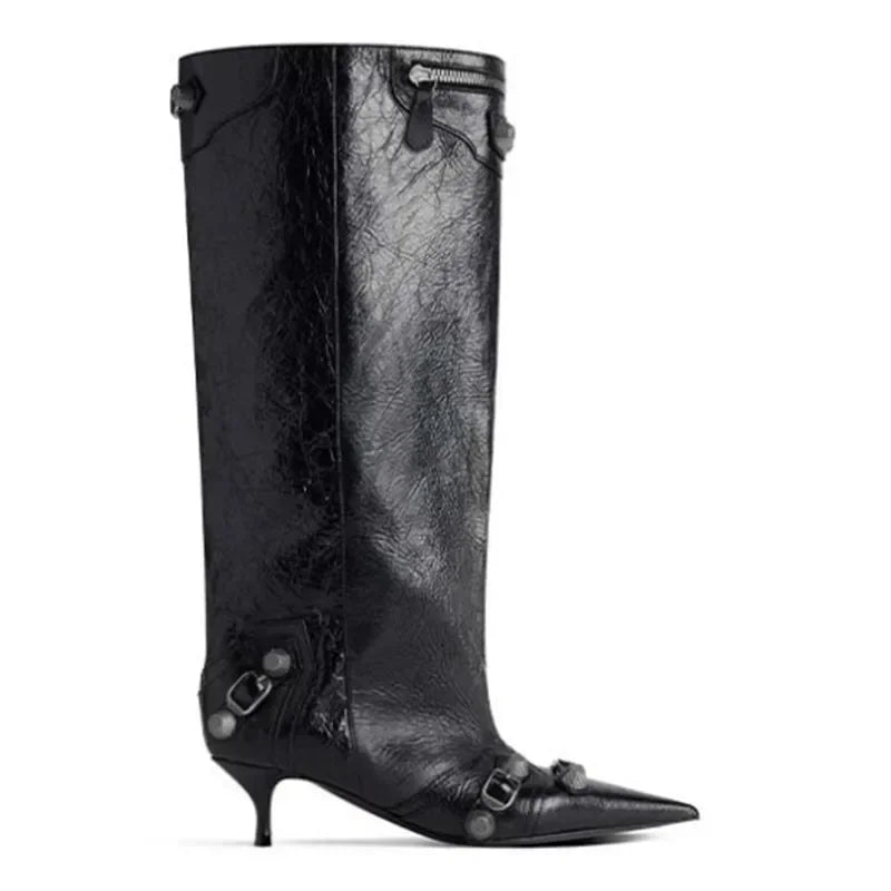2026 Autumn/Winter New Rivet Women's Pointed Knee Length Women's Boots 5CM Stiletto High Heels Wide Barrel Women's Short Boots