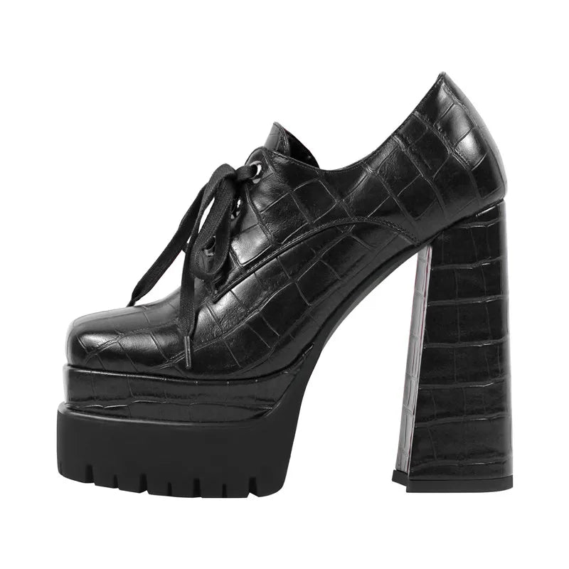 Women Pumps Double Platform Leather Patterned Lace Up Punk Fashion Shoes