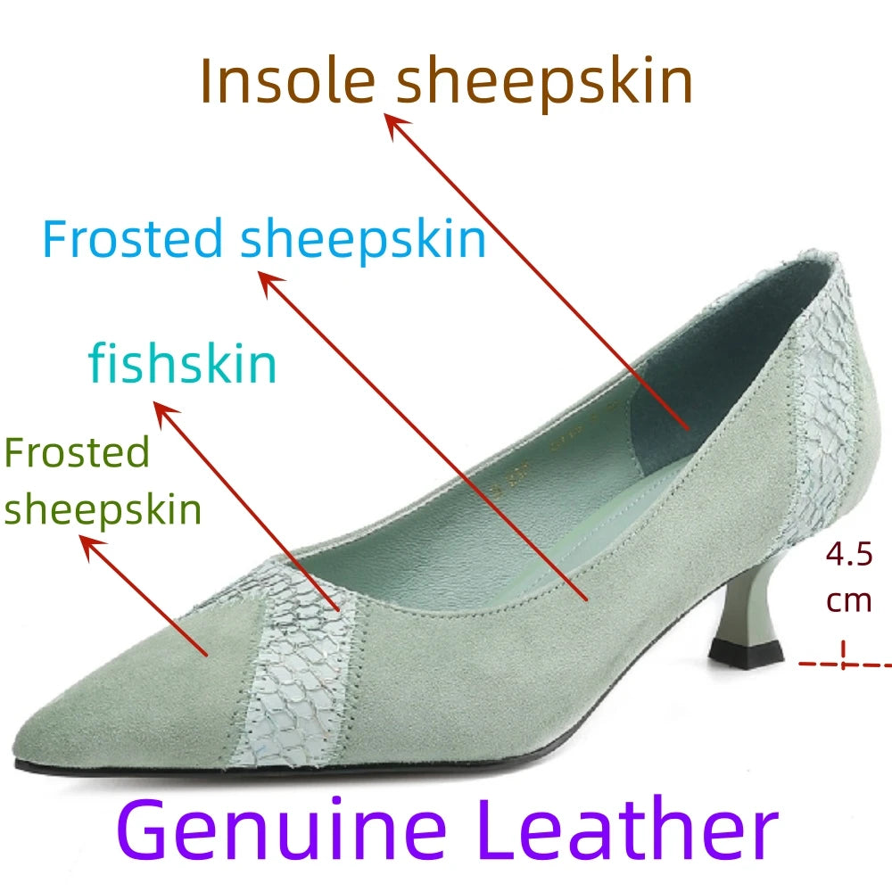 New Handmade Brand Genuine Leather Mixed color combinations Style Women's Pointed Shallow Mid Heels Sole 34-40