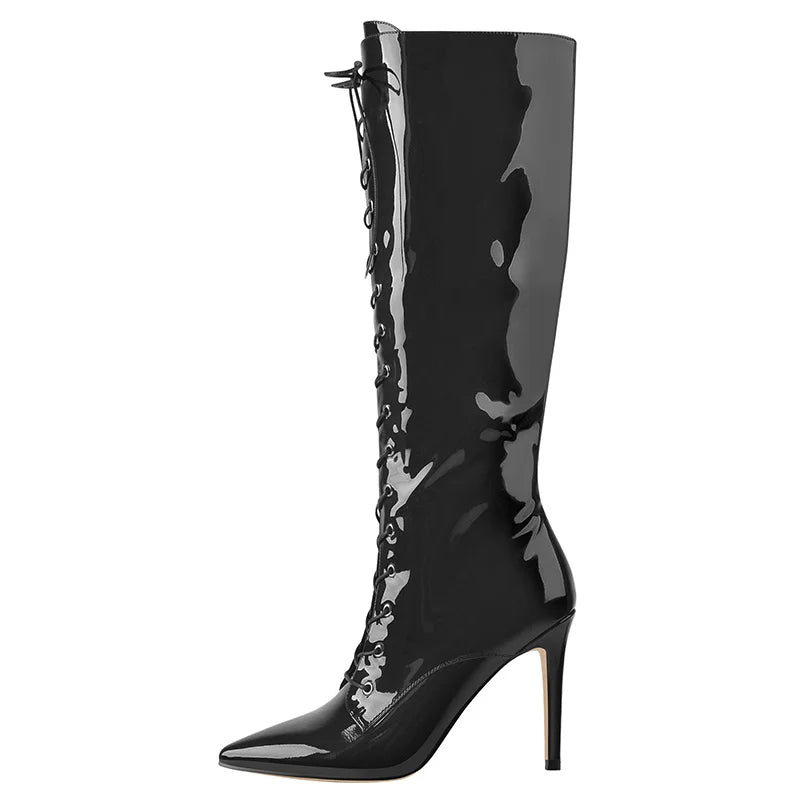 Onlymaker Women Pointed Toe Boots Side Zip 10CM High Heel Sexy Leopard Print Stiletto Stretch Knee High Boots Lace-Up Boots