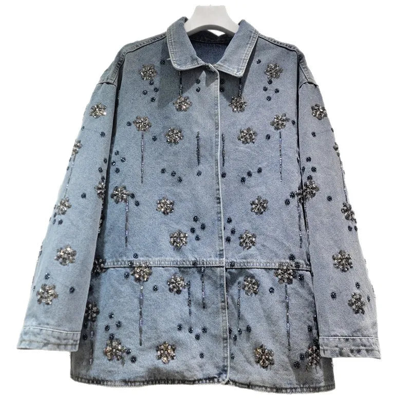 2026  Jeans Jacket Spring New Fashion Heavy Industry Embroidery Beaded Denim Jacket For Women Loose Versatile Coat Female Trendy 11A08709