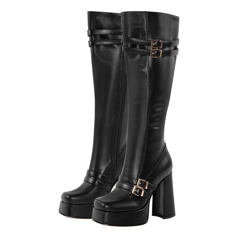 Onlymaker Women Platform Square Toe Side Zipper Knee High Boots Classic Big Size Winter Black Matte Lady Punk Boots