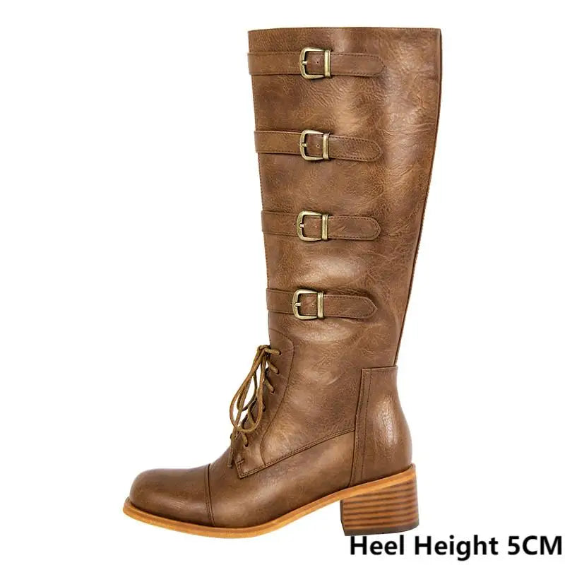 Women Round Toe Knee High Boots Boot Matte Brown Thick Heels Zipper Winter Big Size Buckle Boots