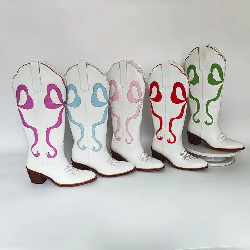 Onlymaker Women White  Pull-on Knee High Cowgirl Boots with Bow  Big Size Comfy Women Cowboy Boots