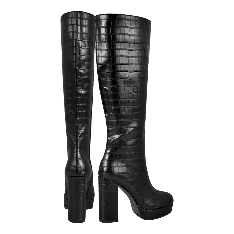 Onlymaker Women Round Toe Platform Knee High Boots Chunky Heel Boots With Side Zipper Concise Tall Modern Boots