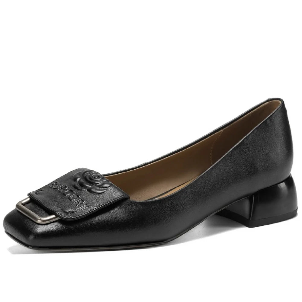 Handmade Genuine Leather Women Soft comfortable Square Toe Dec Mid Thick Heels Office Ladies Dress Shoes Female